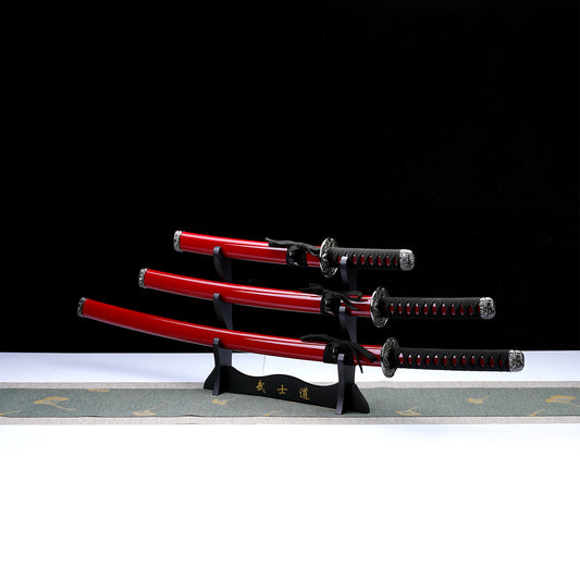 3 PCS Samurai Sword Set - Red Katana , Wakizashi and Tanto Set