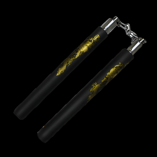 12 inch foam black nunchaku with gold dragon martial arts training gear