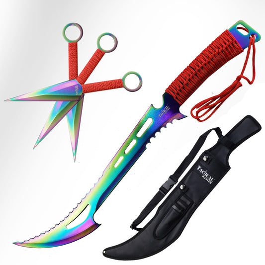 Tactical Master 26" Rainbow Machete with 3 pcs 6" throwing knife