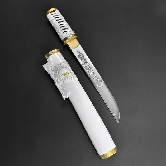 13.75" Hand forged tanto w/ white wood scabbard.