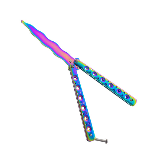 Rainbow Butterfly Knife Balisong Trainer with colorful handles and a sleek design for practice and skill development