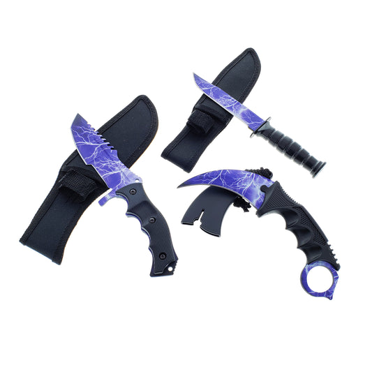 Falcon 3 PCS Blue Thunder Set Tactical Fixed Blade Knives