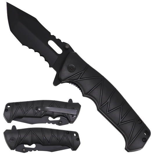 8" Black Spring Assisted Pocket Knife - Plastic Handle