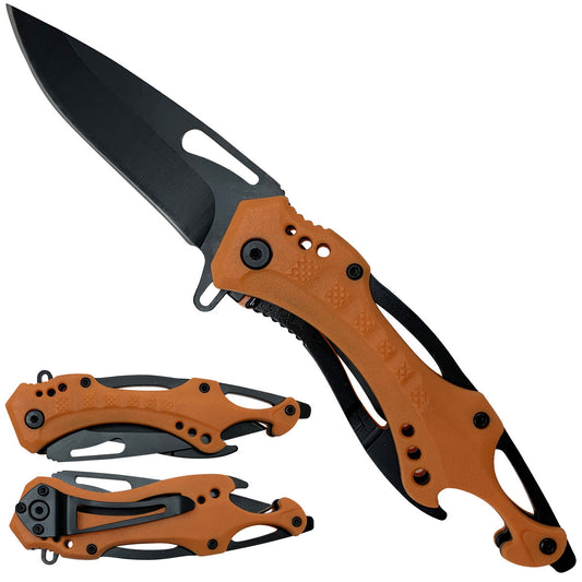 Spring Assisted Orange Pocket Knife - Bottle Opener Handle
