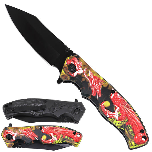 Spring Assisted Pocket Knife - Red Dragon on Handle