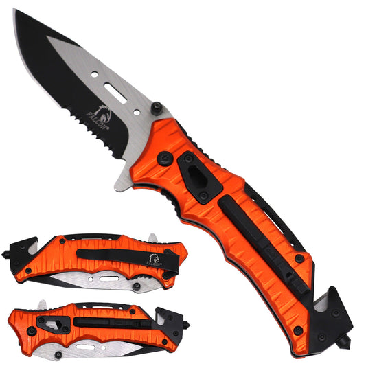 Orange tactical rescue knife by Guild Arms brand.
