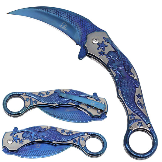 Falcon Blue Mermaid Spring Assisted Karambit Knife
