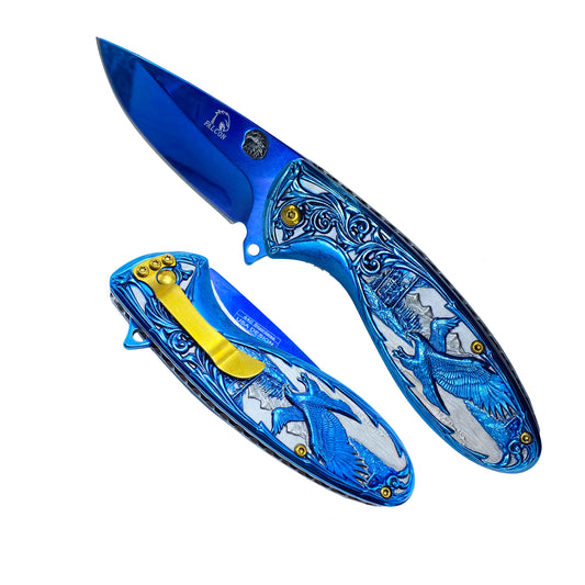 Falcon Blue Spring Assisted Knife - Blue Flower/Eagle Handle