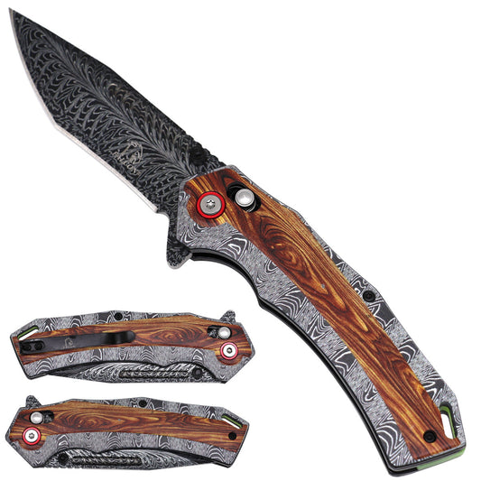 Falcon Black and White Wood Pattern Axis Lock Pocket Knife folding pocket knife product photo