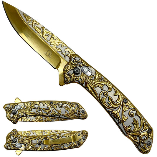 Ornate gold folding pocket knife by Guild Arms.