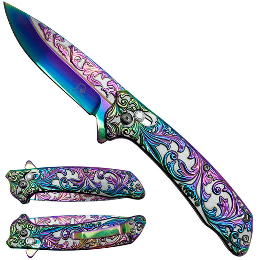 Rainbow engraved pocket knife by Guild Arms AI.