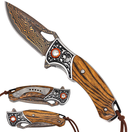 Sigma Acid Wood Damascus Ball Bearing Flipper Knife - SKU KSBM049