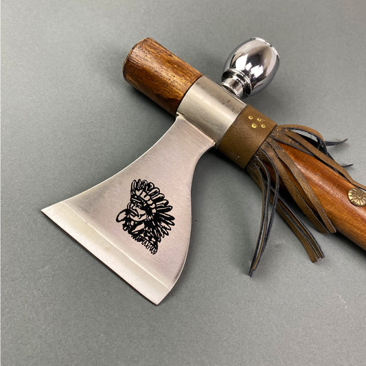 Engraved pipe tomahawk with wooden handle
