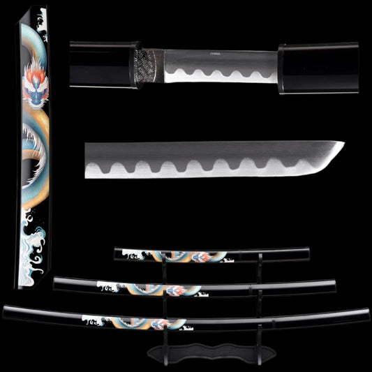 Set of Samurai swords with dragon design on a white background