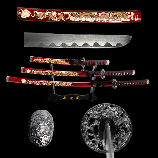 Order Red Samurai Sword Set – Katana, Wakizashi, Tanto for Sale