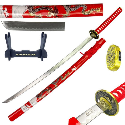 42 1/2" Samurai sword red dragon scabbard w/stand