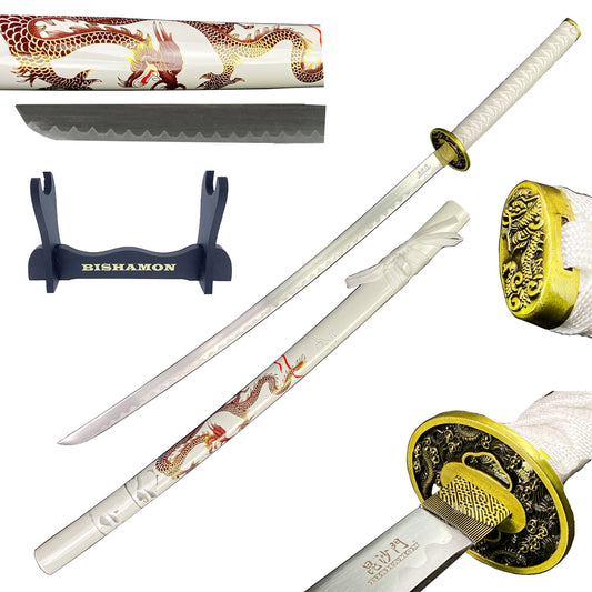 42 1/2" Samurai sword white dragon scabbard w/stand