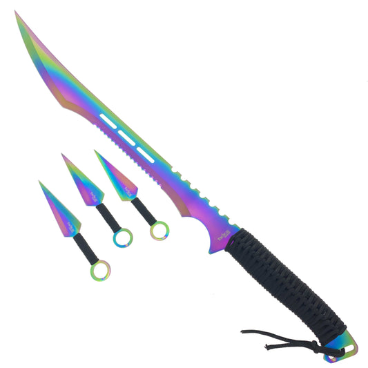 28" Rainbow Machete w 3 Throwing Knives