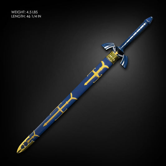 Sheathed replica Master Sword with weight and length measurements.