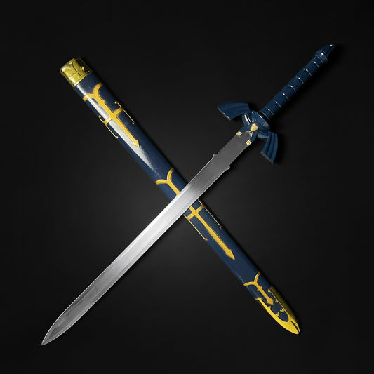 Replica Master Sword crossed over its blue and gold scabbard.