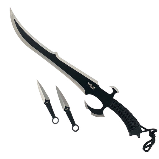 27" Black Tactical Machete w 2 Throwing Knives