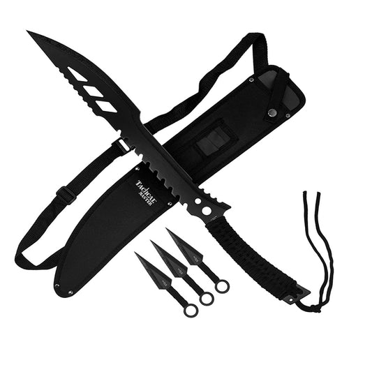 26" Black Machete w 3 Throwing Knives