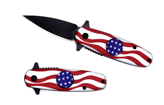 Guild Arms USA Flag Fidget Spinner Spring Assisted Knife with American flag handle and black blade shown open and closed