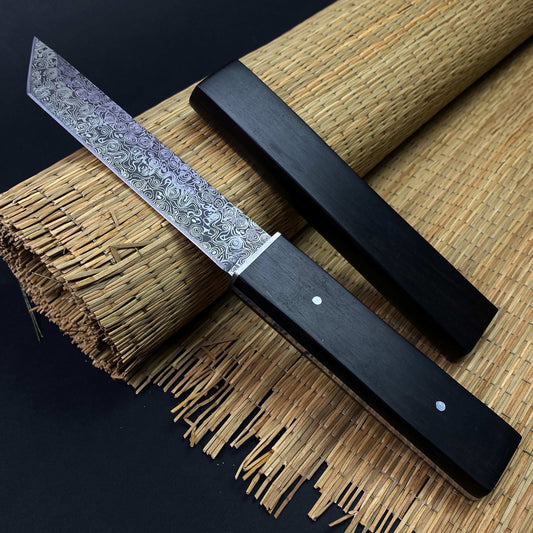 Asuka Suterusu Modern Tanto Knife with intricate blade design and sleek black handle