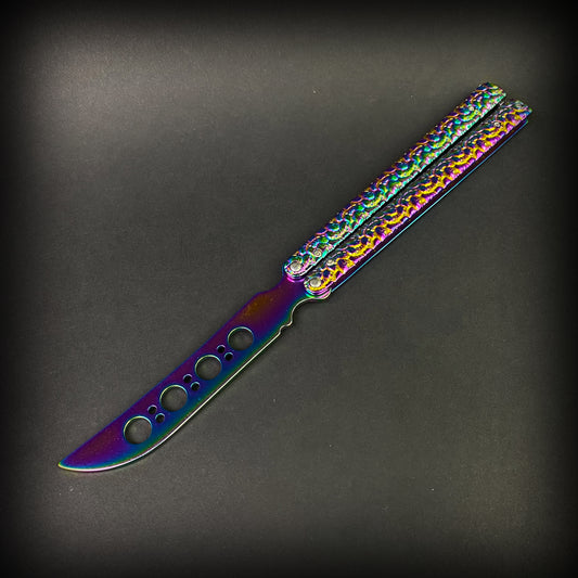 Big Boy Rainbow Butterfly Knife Balisong Trainer with Colorful Metallic Finish and Lightweight Design