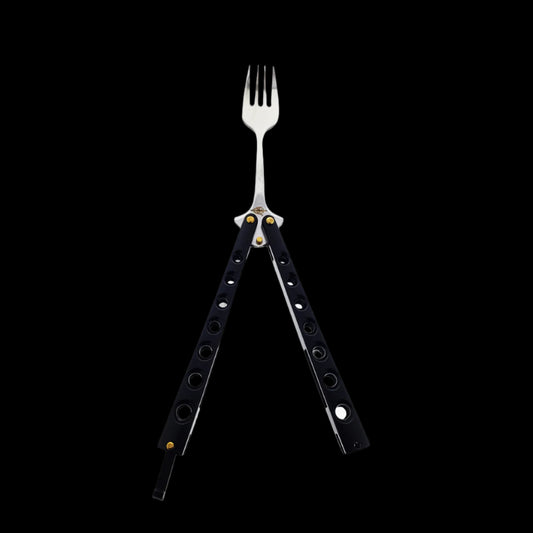 Guild Arms Black Butterfly Knife Fork with stainless steel prongs and a sleek black handle design
