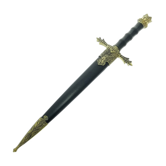 Guild Arms Medieval knight dagger with ornate brass crossguard and black leather scabbard