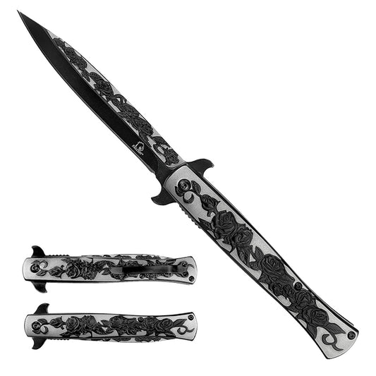 Falcon black rose handle knife spring assisted pocket knife with engraved rose design and pocket clip