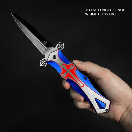 Blue cross handle pocket knife by Guild Arms with a sleek design and a spring-assisted opening mechanism