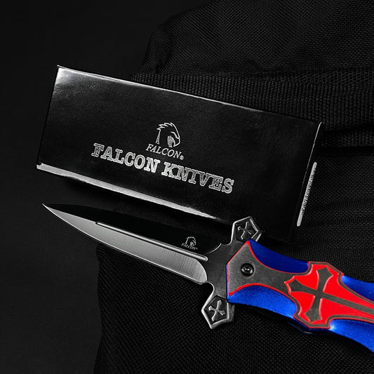 Guild Arms blue cross handle pocket knife with stainless steel blade and sleek design