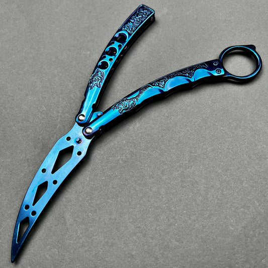 Guild Arms blue metal butterfly knife trainer detailed with engravings practice butterfly knife for beginners