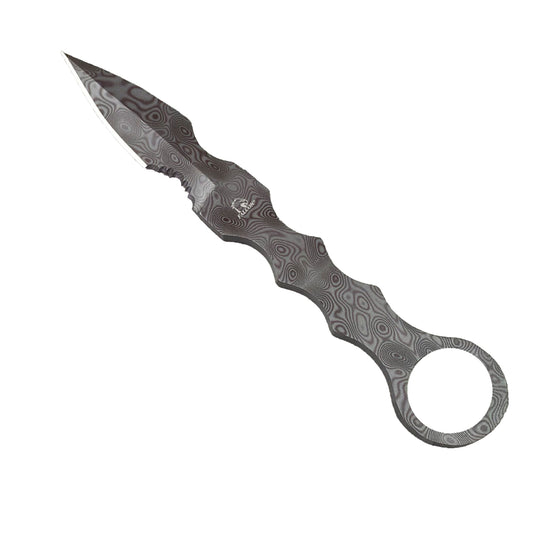 Falcon tactical knife with patterned Damascus fixed blade and ring handle to buy damascus fixed blade tactical knife online