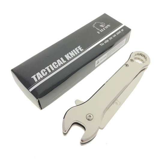 Falcon spring assisted pocket knife in chrome with wrench and bottle opener Chrome multi-tool wrench pocket knife for EDC.
