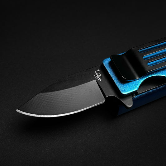 Guild Arms Lighter Holder Case EDC Pocket Knife with sleek black blade and blue handle clip