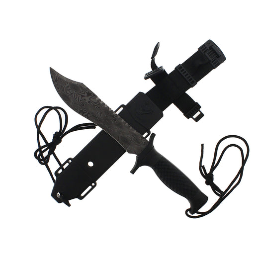 Guild Arms survival knife with damascus pattern fixed blade hunting knife textured black handle and tactical sheath