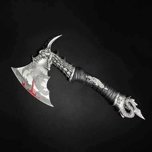 Decorative Fire Dragon Axe with Stand featuring intricate dragon design and detailed blade cutting edge