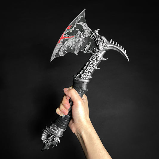 Decorative Fire Dragon Axe with Stand featuring detailed dragon design and sturdy handle for display