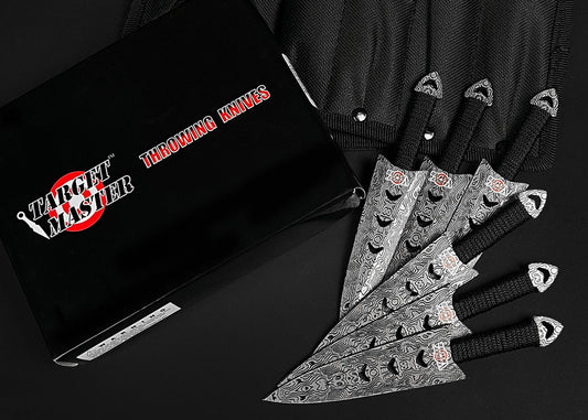 Falcon 6 PC 5 7/8" Damascus Pattern Throwing Knife Set with Sheath for Precision Throwing