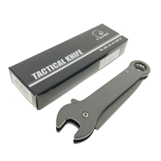 Falcon 7.75" Gray Spring Assisted Knife with Wrench Function inside a black box for tactical use