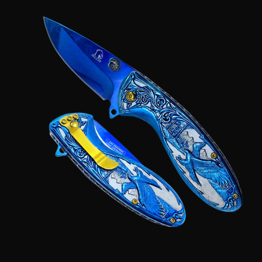 Guild Arms Falcon Blue Spring Assisted Knife Eagle Handle with intricate blue eagle design and gold clip