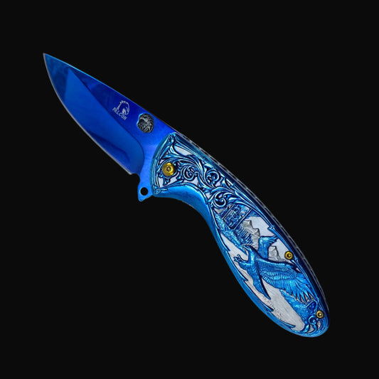 Guild Arms Falcon Blue Spring Assisted Knife Eagle Handle with detailed blue and silver eagle design