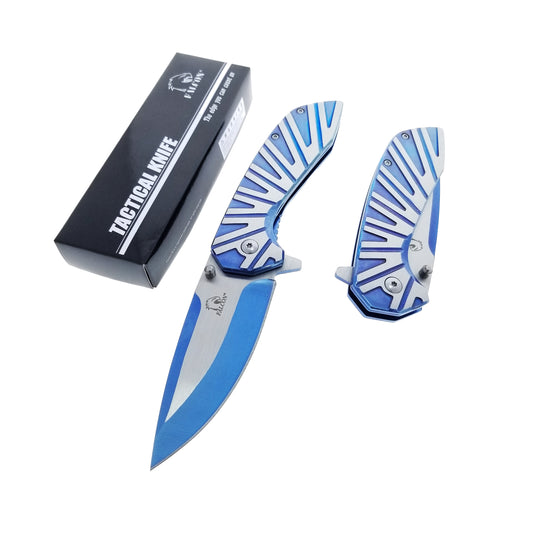 Falcon Blue Spring Assisted Pocket Knife with a sleek design and stainless steel blade for easy deployment