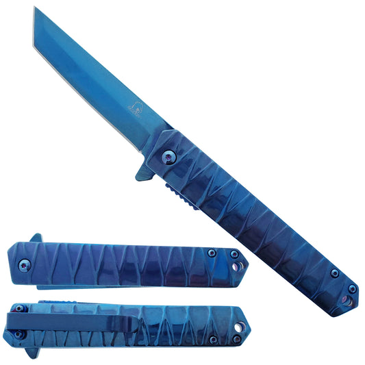 Falcon Blue Tanto Blade Spring Assisted Pocket Knife with ergonomic grip for easy handling