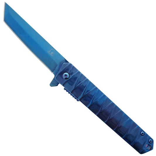 Falcon Blue Tanto Blade Spring Assisted Pocket Knife with a sleek blue handle for easy handling