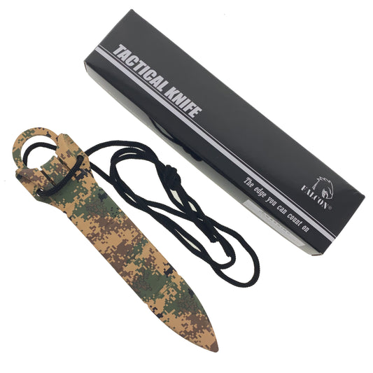 Falcon Brown Camouflage Tactical Knife with sheath and lanyard for versatile outdoor use