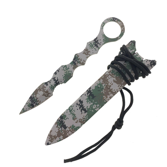 Falcon Camouflage Tactical Knife with a unique design and durable sheath for outdoor activities